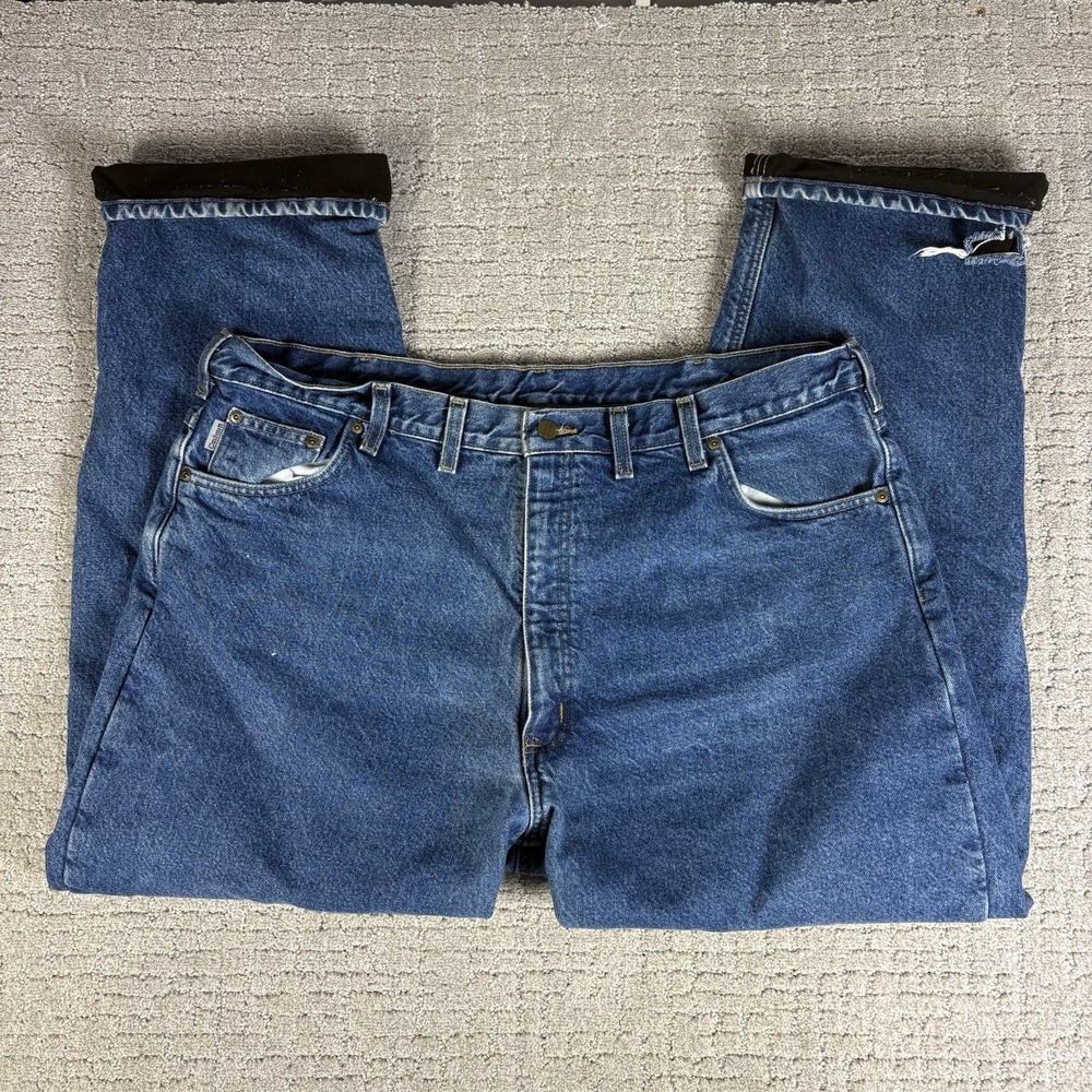 Carhartt Men's 44x32 Relaxed Fit Fleece Lined Blue Jeans Model B155 DST